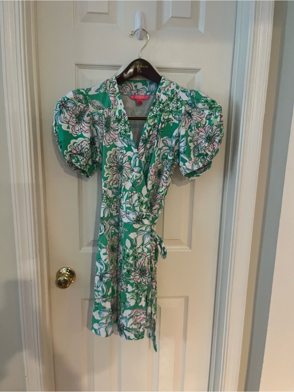 Lilly Pulitzer Girls Green Floral Wrap Dress with Pink Accents